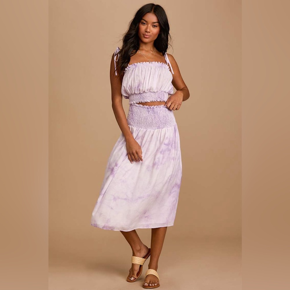 NWT Lulu's Lavender Tie-Dye Smocked Top (Size L) & Midi Skirt (Size XL) Set